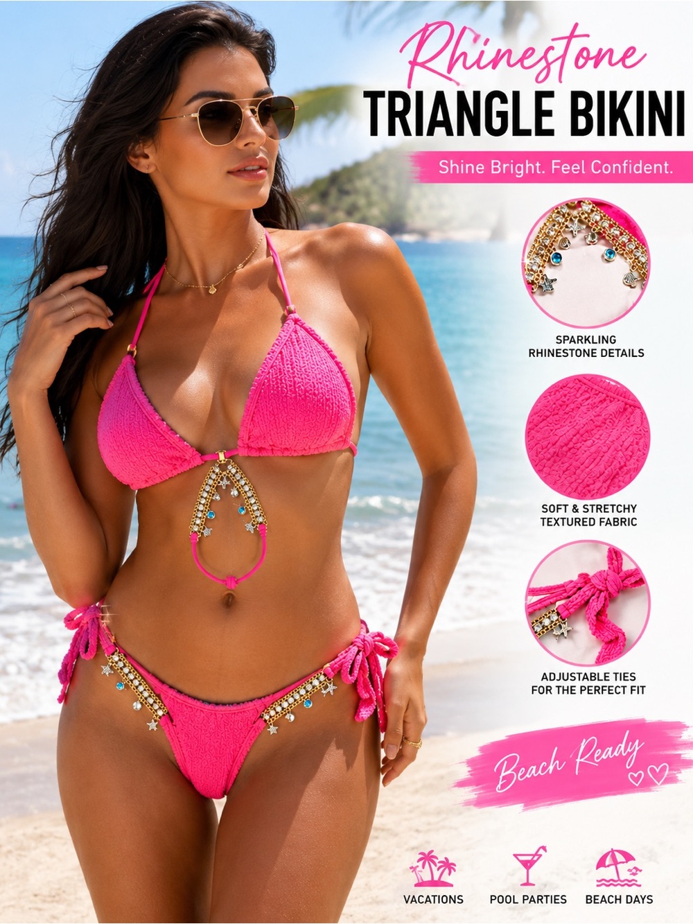 SHEIN Hot Pink Rhinestone Triangle Bikini Set